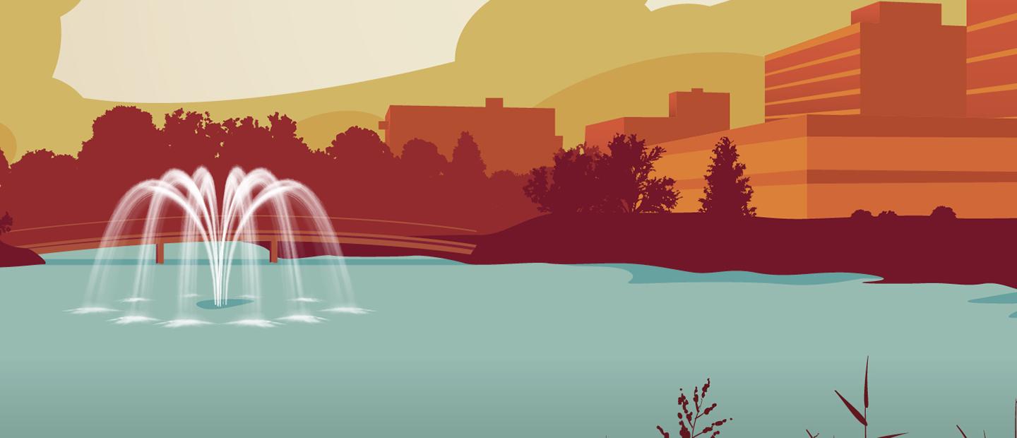 A colorful illustration of Bear Lake in front of buildings on Oakland University's campus.
